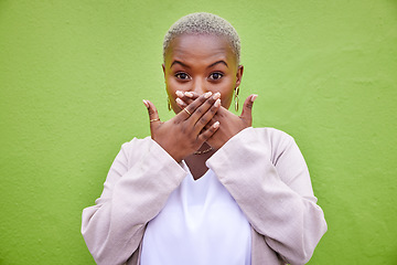 Image showing Green wall, shocked and black woman surprise by news, deal or discount offer isolated in a studio background. Wow, gossip and young person with emoji reaction to announcement, sale or promotion