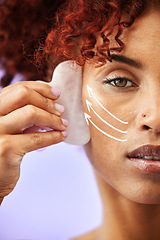 Image showing Portrait, anti aging and woman with gua sha, skincare and medical beauty treatment on a purple studio background. Facial aesthetic, collagen filler arrow or patient face transformation with cosmetics