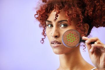 Image showing Skin science, portrait and face of woman with magnifying glass for innovation and beauty in studio on purple background. Futuristic. person and overlay with grid for skincare and cosmetology health