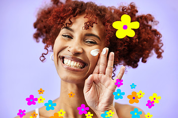 Image showing Beauty, hologram and portrait of woman with cream for wellness, skincare and facial care. Dermatology, flowers and face of person on purple studio background with lotion, moisturizer and cosmetics