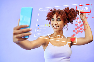 Image showing Woman, vlog and live streaming in studio with screen overlay, notification icon and happy by purple background. Gen z influencer girl, selfie recording and contact with followers on social media app