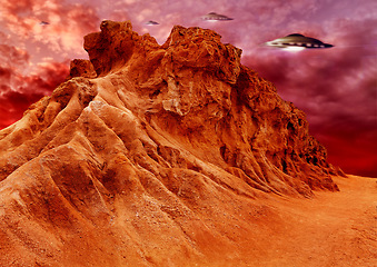 Image showing UFO, invasion and spaceship in outer space on mars and planet with science fiction. Alien technology, flying saucer and red mountain landscape with surreal background and world with spacecraft in sky