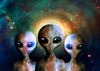 Image showing Gray alien, group and face for invasion, interstellar travel and fantasy for sci fi art, stars or dark night. Extraterrestrial humanoid, sky or together on mission to search universe, galaxy or earth