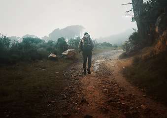 Image showing Back, winter hiking and a man in nature for freedom, travel or adventure in the mountain wilderness. Forest, morning and overcast with a male backpacker on a dirt road in the woods for a hike