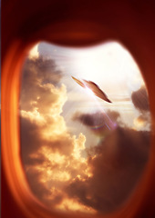 Image showing Travel, alien and a ufo from the window of a plane flying in the sky during a space mission or invasion. Sci fi, spaceship and flight with an aircraft searching earth for life outside the galaxy