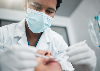 Image showing Dentist, consulting and man with patient for medical service, teeth whitening and cleaning. Dental care, oral hygiene and closeup of person with equipment for consultation, check up and treatment