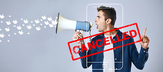 Image showing Cancel culture, opinion and social media with man and megaphone for online, cyberbullying and toxic message. Free speech, censorship and anger with person on grey background for banner and voice