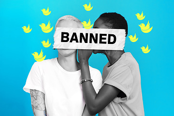 Image showing Cancel culture, gossip and censorship with overlay on people for social media, cyber bullying and toxic message. Free speech, censorship and rumor with women on blue background for mockup and voice
