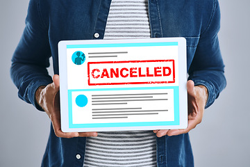 Image showing Cancel culture, opinion and tablet screen with hands of person for social media, cyber bullying and message. Free speech, censorship and internet with closeup of man on white background for voice