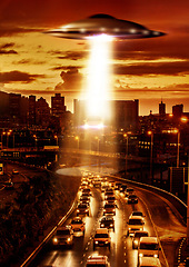 Image showing UFO, alien spaceship and city in street, traffic and tractor beam for search, transport and Cape Town. UAP ship, flying saucer and lights in dark cityscape, metro and cbd for survey, flight or cars