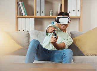 Image showing Virtual reality glasses, smile and man with game, controller and futuristic with connection, relax and software. Person, gamer or guy on a sofa, VR eyewear and metaverse with online playing and home