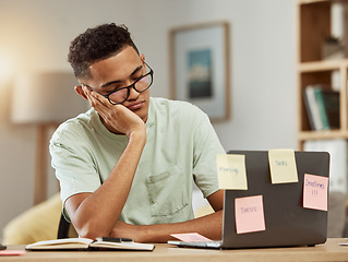 Image showing Burnout, laptop and tired business man sleeping in office with fatigue, workload or deadline, note or reminder. Work, fail and lazy guy web designer with low energy nap for online marketing project