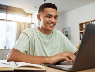 Image showing Home, computer and man in college with elearning, remote work and online studying in apartment, living room or house. University, education and working on internet, webinar or video conference class