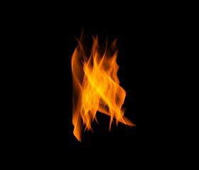 Image showing Orange fire, gas and flame on black background with texture, pattern and burning energy. Light, fuel and flare isolated on dark wallpaper design, explosion at bonfire, thermal power or inferno glow.