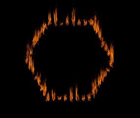 Image showing Fire, shape with orange flame on black background, inferno and power with mockup space. Heat, ignite and sparks burning in a studio, energy and natural element, flammable and texture with hexagon