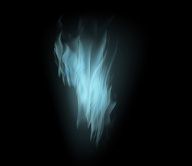 Image showing Blue heat, fire and dark wallpaper with light texture, pattern and burning energy. Flame, fuel sparks and flare isolated on black background design or explosion at bonfire, thermal power or inferno.