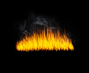 Image showing Smoke, flame and heat on black background with texture, pattern and burning light energy. Fire line, fuel and flare isolated on dark wallpaper design or explosion at bonfire, thermal power or inferno