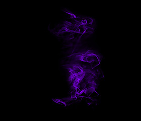 Image showing Smoke, studio and purple fog with vapor, incense and creative art with steam and swirl. Colorful, neon puff and black background isolated with steam effect, cloud and magic mist of aura in the air