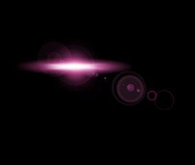 Image showing Light, neon and a purple flare in space on a dark background at night for mockup. Sky, star and a planet or nebula in the cosmos as part of a constellation on an interstellar on black backdrop