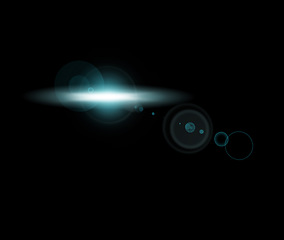 Image showing Light, laser and a blue flare in space on a dark background at night for neon. Light, star and a planet or nebula shine on backdrop as part of a glow, energy and fantasy on an interstellar mockup