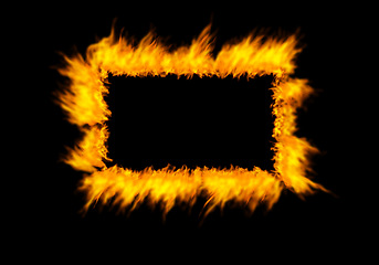 Image showing Rectangle, flame and heat on black background with color, texture and pattern of burning energy. Fire frame, fuel or flare isolated on dark wallpaper design or explosion box, thermal power or inferno