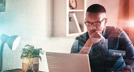 Image showing Overlay, thinking and business black man on laptop in home office for planning, website and stock trading. Remote work, hologram and person with ideas, statistics and data analytics on computer