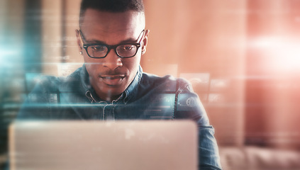 Image showing Overlay, mockup and business black man on laptop in home office for planning, website and fintech graphs. Reading, hologram and person typing online, for statistics and data analytics on computer