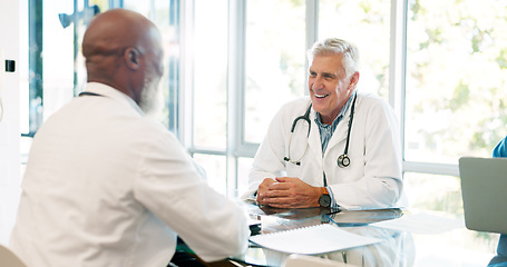 Image showing Hospital, meeting and teamwork with men doctors in office happy while planning, conversation or consulting for advice. Healthcare, collaboration and man for feedback, strategy or support discussion