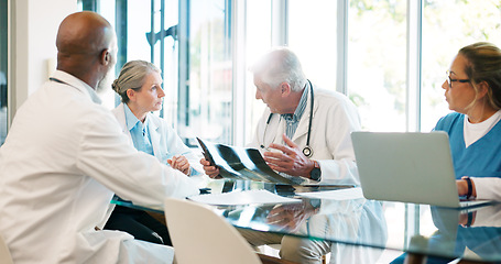 Image showing Xray, meeting and doctors collaboration on healthcare and results, MRI scan or anatomy assessment. Hospital, group and medical team, nurses or neuro surgeon teamwork discussion on radiology research