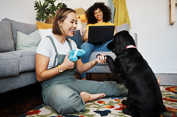 Image showing Home, lesbian or happy couple with dog in house living room on floor to relax with paw trick, loyalty or love. Teaching pet, handshake or woman playing with her animal with care, support or smile