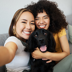 Image showing Dog, portrait or lesbian couple in selfie in home to relax together on social media for profile picture or memory. Lgbtq, pet animal or happy women smile in photo with bond or care in living room