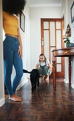 Image showing Dog, house and happy lesbian couple play, bonding or having fun together. Pet, gay women smile with animal in hallway and care in healthy relationship, love connection and lgbt people in home