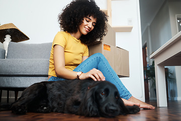 Image showing Moving, new home and woman on the floor with dog in property, flat or living room, loan or housing. Mortgage, investment and female with real estate, smile and satisfied with pet friendly apartment