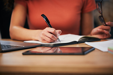 Image showing Notebook, office and hands of person writing summary notes, schedule or event planner working on appointment calendar. Project, closeup secretary and receptionist planning agenda, journal or report