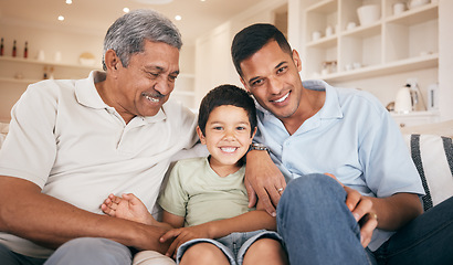 Image showing Portrait, father or kid with grandpa on sofa for bonding, healthy relationship or relax in family home. Smile, wellness or happy grandfather with dad or child in lounge with trust, support or love