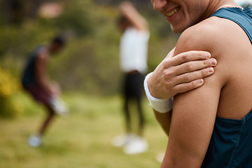Image showing Sports man, nature and shoulder pain from workout training injury or fitness cardio running accident outdoor. Hand, arm muscle or closeup of athlete runner with exercise elbow emergency in park