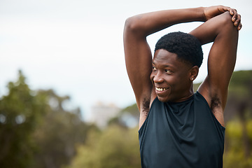 Image showing Man, stretching and thinking of fitness outdoor with health and wellness. Happy runner, athlete or african sports person in nature to start morning run, workout or training with arm muscle warm up