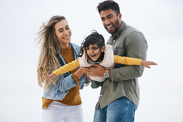 Image showing Airplane, sky background or child with parents playing for a family bond with love, smile or care. Mom, flying or happy Indian dad with a girl kid to enjoy fun outdoor games on a holiday together