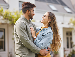 Image showing Happy couple, hug and smile for new house, real estate and investment in property together with happiness, support and love. People, embrace and man and woman outdoor in home, garden or backyard