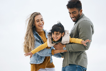 Image showing Airplane, sky or kid with parents playing for a family bond with love, smile or care on vacation. Mom, flying or happy Indian dad with a girl kid to enjoy fun outdoor games on a holiday together