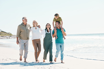 Image showing Walking, beach and family generations together on vacation, holiday or tropical weekend trip. Happy, travel and child with parents and grandparents bonding by ocean or sea on adventure in Australia.