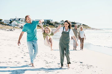 Image showing Walking, adventure and family generations on a beach together on vacation, holiday or weekend trip. Happy, travel and child with parents and grandparents bonding by ocean or sea in Australia.