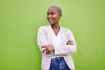 Image showing Thinking, mockup space and black woman with green screen, arms crossed and solution on a studio background. African person, girl and happy model with ideas, fantasy and decision with problem solving
