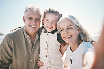 Image showing Family, selfie and beach holiday with grandparents and young girl together with a smile. Happy, child and portrait at the sea and ocean with a profile picture pov for social media on summer vacation