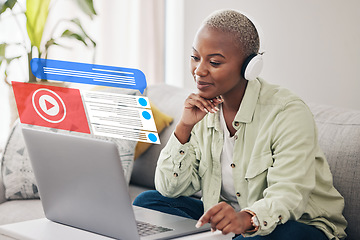 Image showing Home, laptop and black woman with headphones, hologram and connection with digital app, streaming music or notification. African person, girl or lady on a sofa, holographic or headset with info or pc