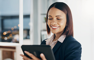Image showing Woman in office with smile, tablet and reading email, HR schedule or report online for feedback. Internet, networking and communication on digital app, happy businesswoman at human resources agency.