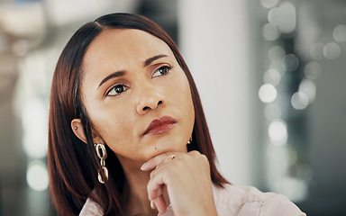 Image showing Thinking, office and face of business woman for ideas, brainstorming and problem solving. Professional, corporate and worker in workplace with thoughtful, wonder and solution for planning project