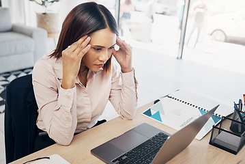 Image showing Business, laptop and woman with burnout, headache and depression with a deadline, glitch and stress. Person, worker and employee with a pc, migraine and mental health with tension, strain and anxiety