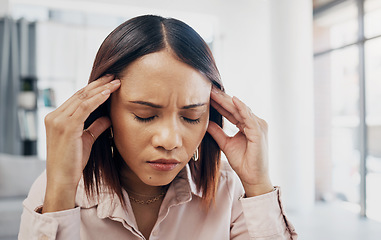 Image showing Business, stress and woman with burnout, headache and depression with a deadline, pressure and pain. Person, worker and employee with migraine, tired or mental health with tension, fatigue or anxiety