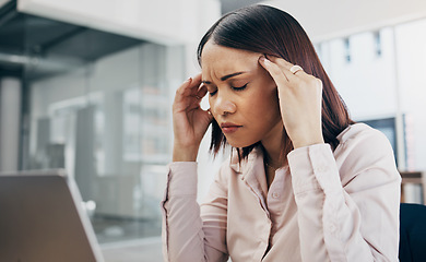 Image showing Business, laptop and woman with stress, headache and depression with a deadline, tired and mental health. Person, worker and employee with a pc, migraine and pressure with fatigue, pain and anxiety